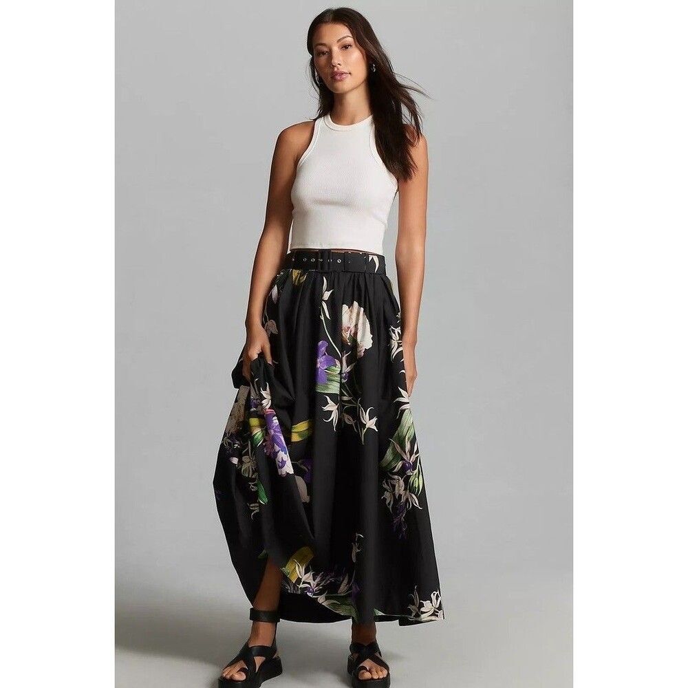 Anthropologie Maeve Circle Skirt Floral Pockets  Maxi Skirt 2 NO BELT NEW